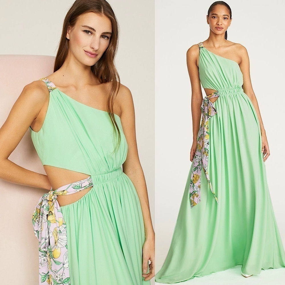 AMUR Mint One Shoulder Sleeveless Pleated Side Cutout Floral Sash Maxi Gown 10‎